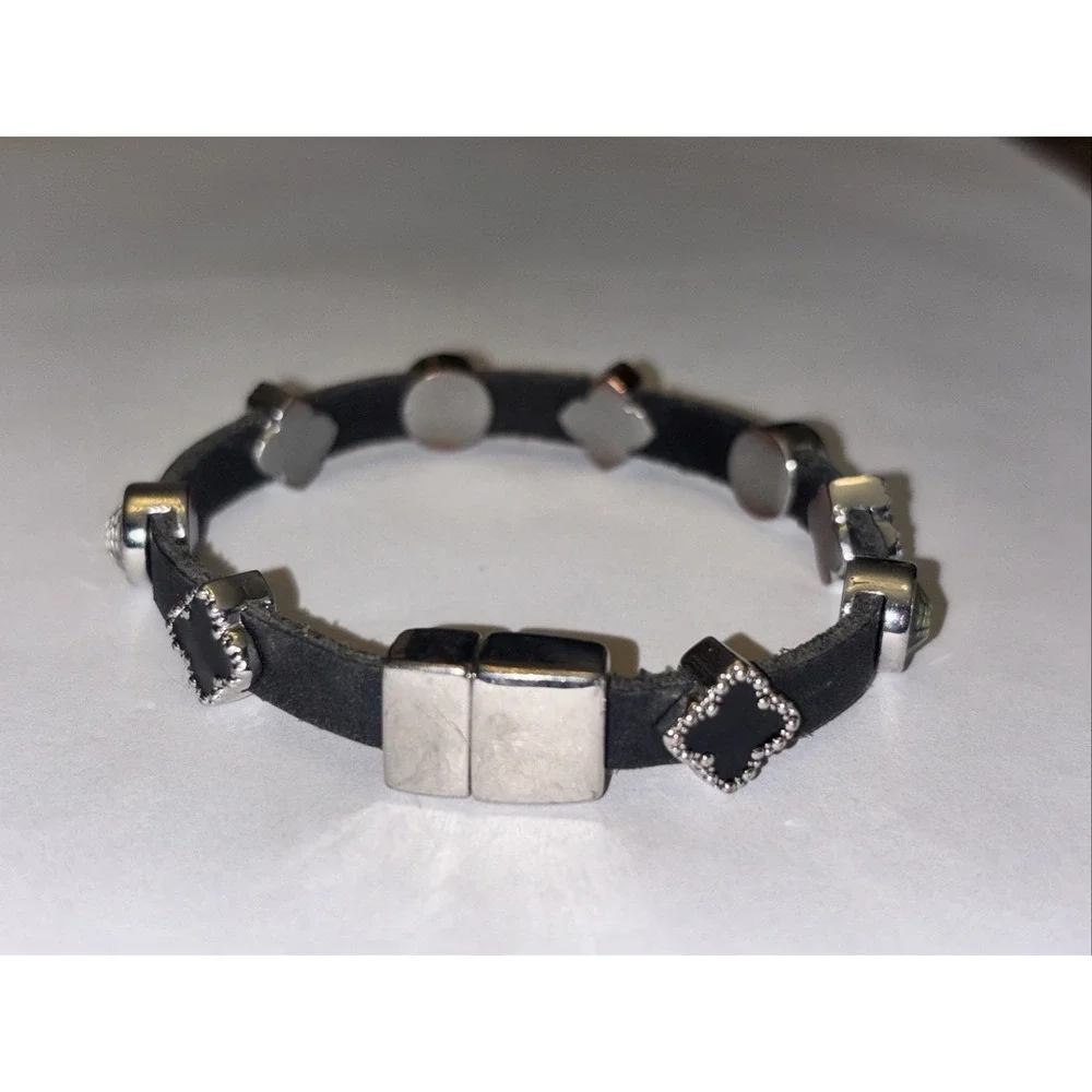 Black Leather Bracelet Silver Tone Rhinestone Slide Charms Magnetic Clasp